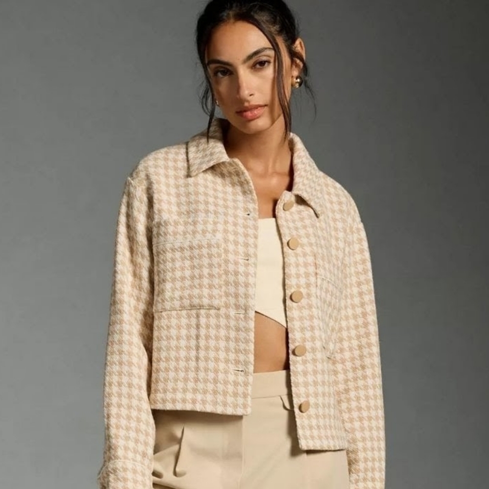 ANTHROPOLOGIE x Dolan Houndstooth Printed Jacket Cream Tan S NWOT